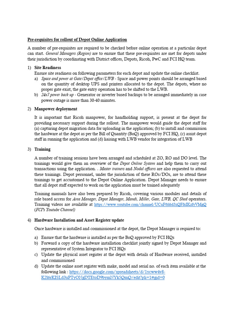 Depot Online System Rollout Checklist | PDF | Computing | Software