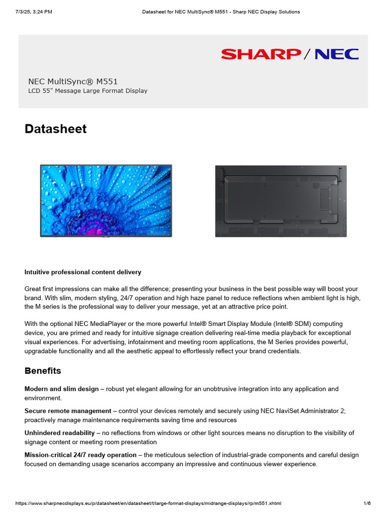 Datasheet For NEC MultiSync® M551 - Sharp NEC Display Solutions | PDF ...