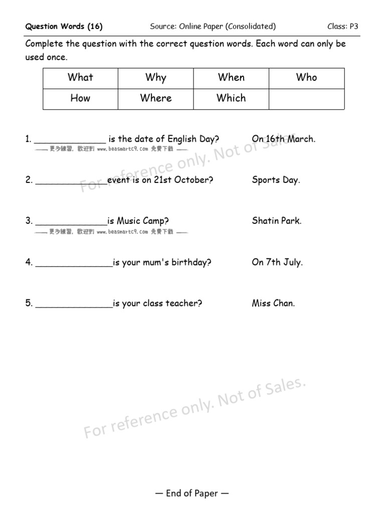 Question Words Practice for P3 Students | PDF