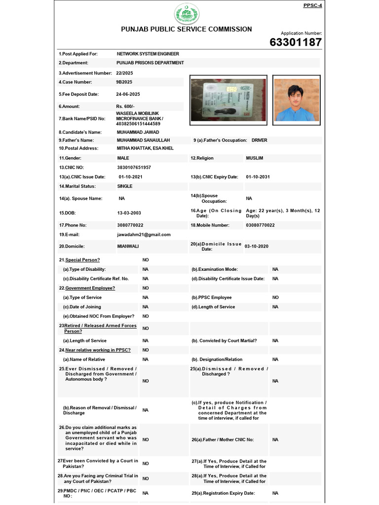 Punjab Prisons Network Engineer Application | PDF