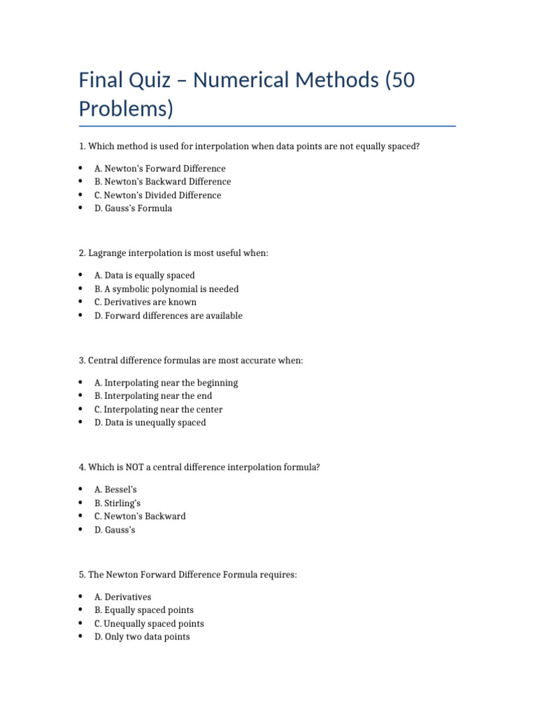 Numerical Methods Final Quiz 50 Complete | PDF | Finite Difference ...