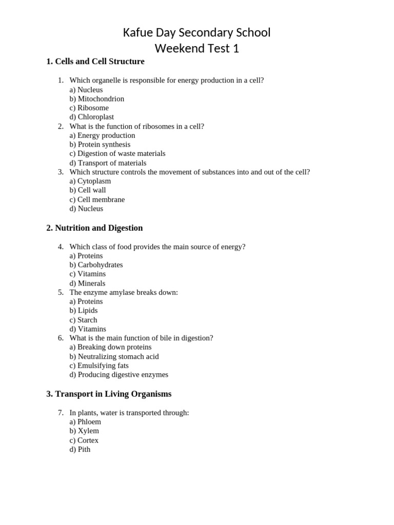 Kafue Day Secondary School Biology Test | PDF | Digestion | Cell (Biology)