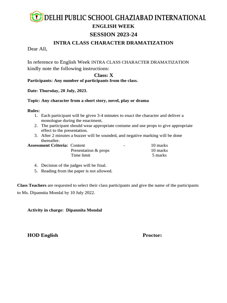 Intra Class Character Dramatization 2023 | PDF