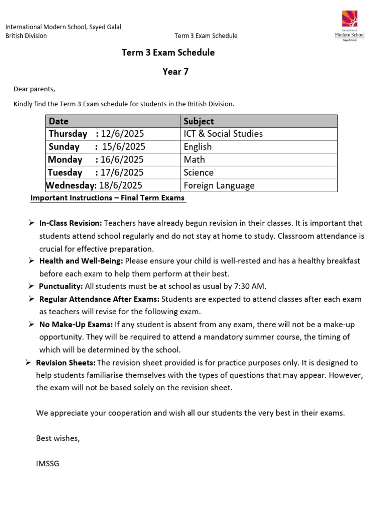 Term 3 Exam Schedule - Y7 | PDF