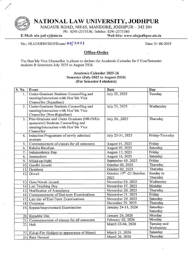 NLU Jodhpur Academic Calendar 2025 26 PDF