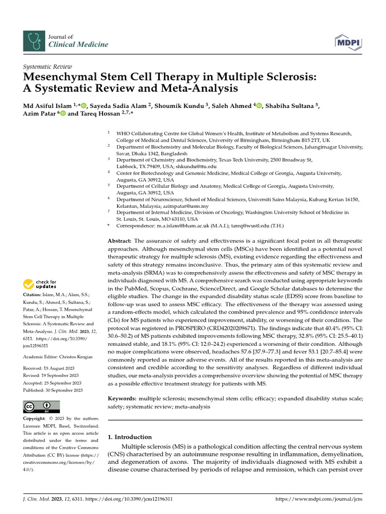 Mesenchymal Stem Cell Therapy in Multiple Sclerosi | PDF | Multiple ...