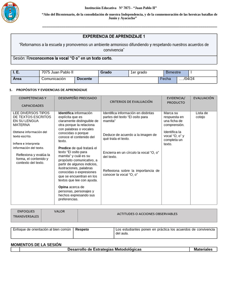Aprendizaje de la Vocal O en 1er Grado | PDF | Comunicación humana ...