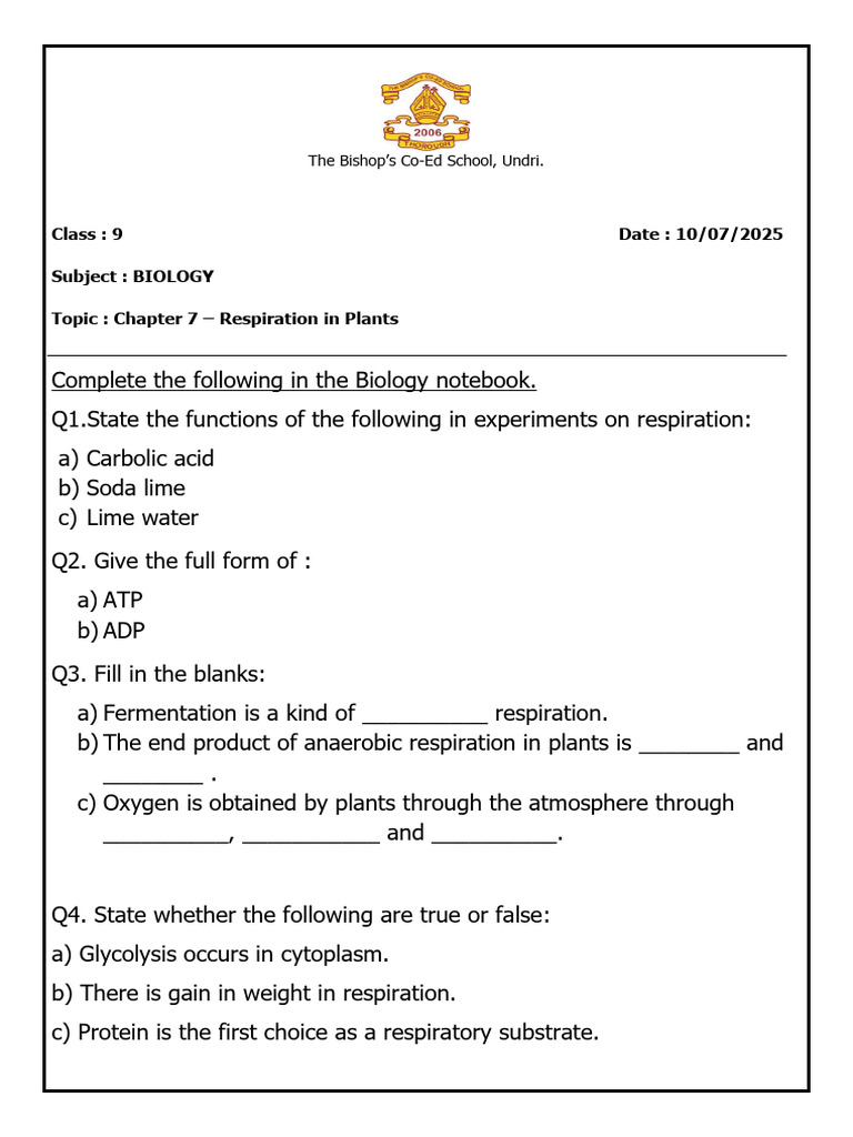 Respiration in Plants - Class 9 Biology | PDF
