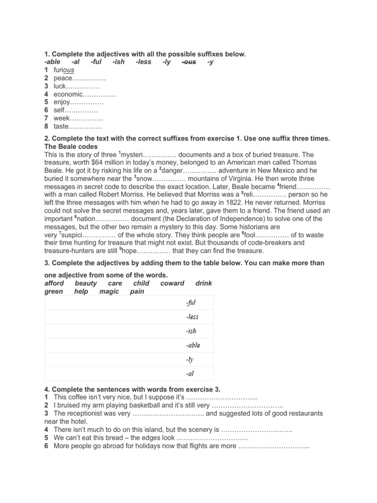 Adjective Suffixes Exercises PDF | PDF