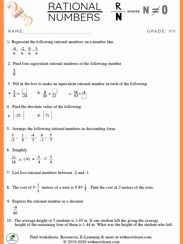 Class 7 Rational Numbers Worksheet | PDF | Rational Number | Chess Openings
