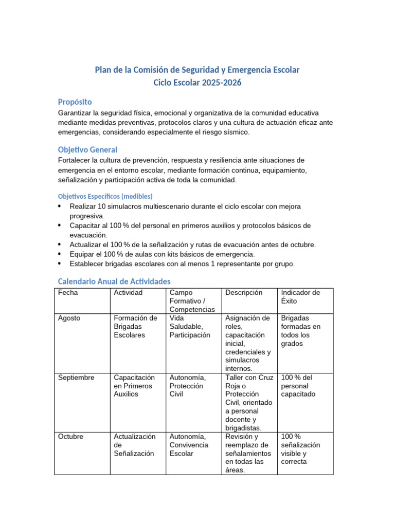 Plan de Seguridad Escolar 2025-2026 | PDF | Defensa Civil