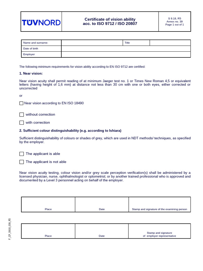 Vision Ability Certification ISO 9712 | PDF