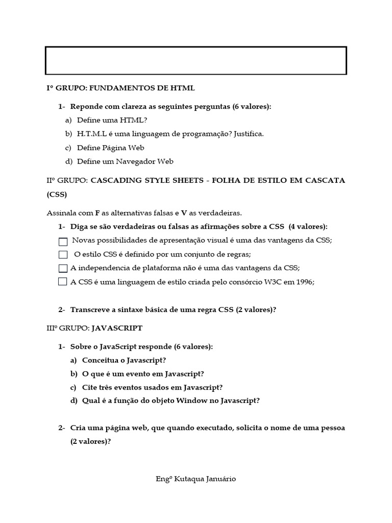 Prova de T.I.C: HTML, CSS e JavaScript | PDF | Script Java | Rede ...