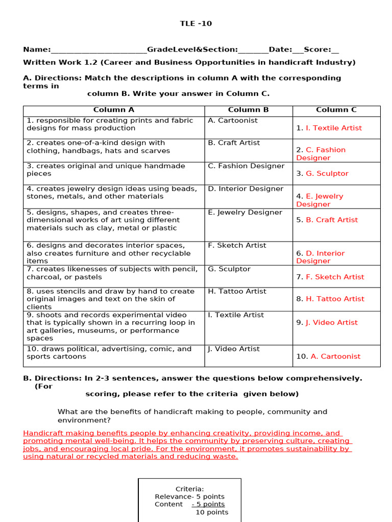 Grade 10 - W.W.1.2 - Answer Key | PDF | Textiles