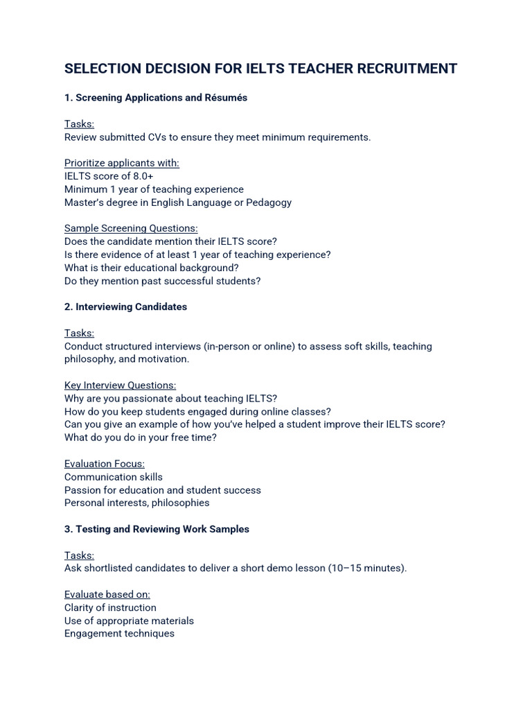 IELTS Teacher Recruitment Guide | PDF