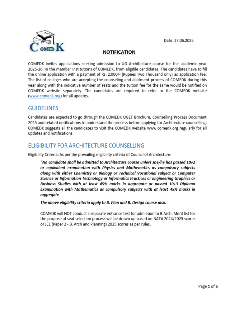 Notification Architecture 2025 Counselling Process Notified On 27 June ...