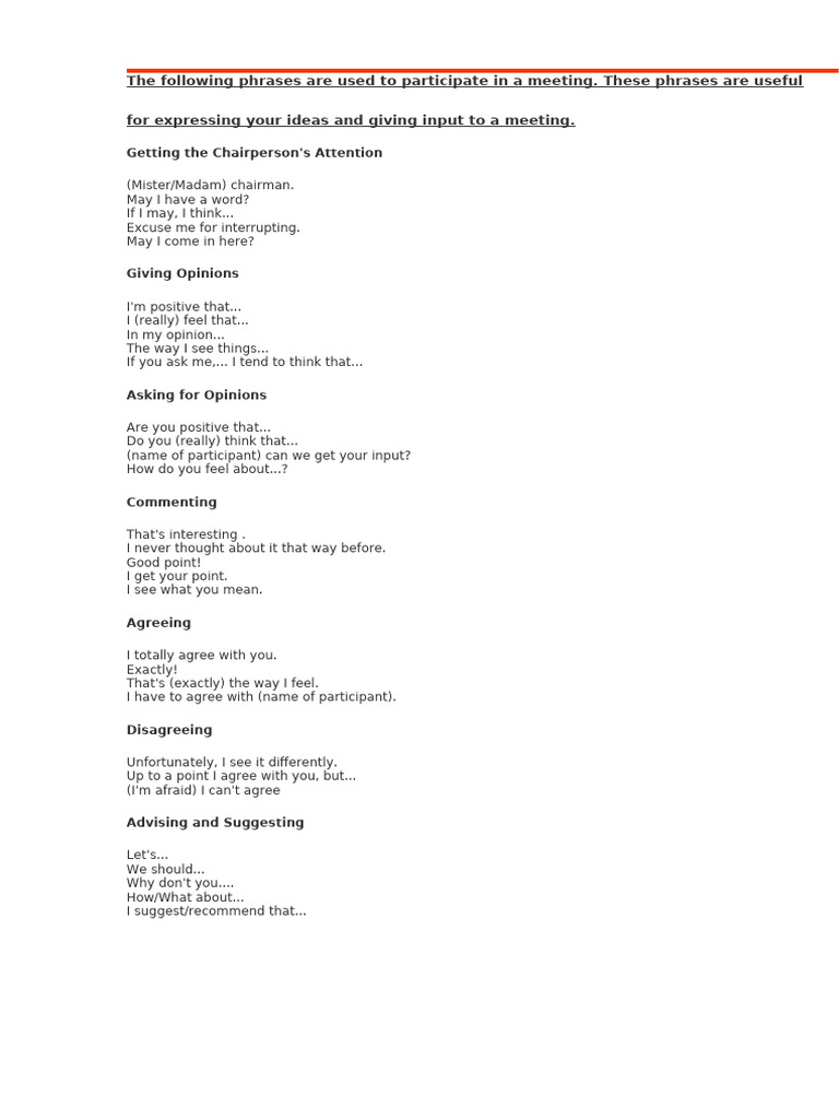 Meeting Participation Phrases | PDF