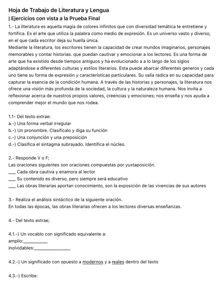 Ejercicios de Literatura y Lengua para Final | PDF