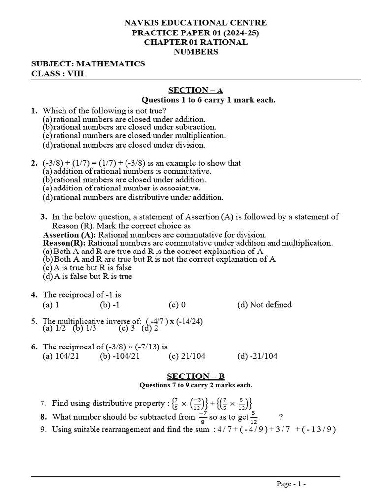 Rational Numbers Practice Paper | PDF | Multiplication | Abstract Algebra