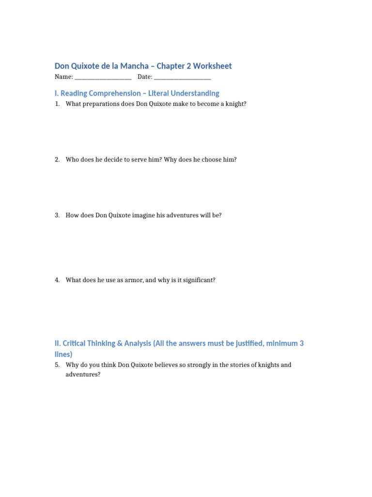Don Quixote Chapter 2 Worksheet | PDF | Don Quixote