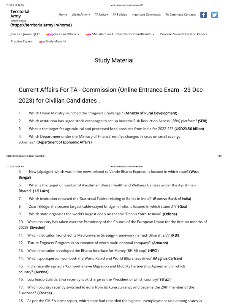 Territorial Army Exam Study Material | PDF