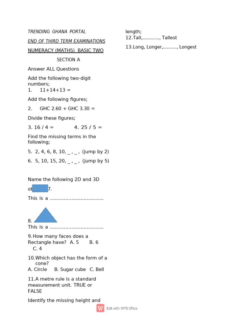 Primary 2 Third Term Exam Questions | PDF