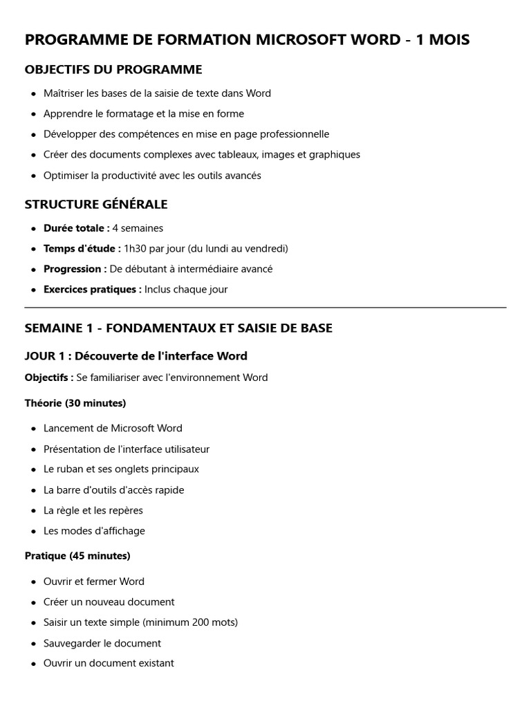 Programme de Formation Word 1 Mois | PDF | Microsoft Word | Mise en page