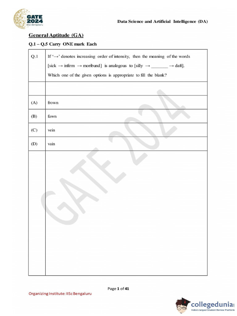 GATE 2024 Data Science and Artificial Intelligence Question Paper With ...