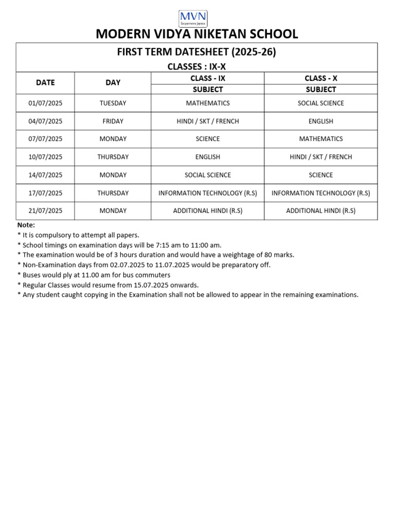 1st Term Datesheet Classes IX & X 2025-26 | PDF