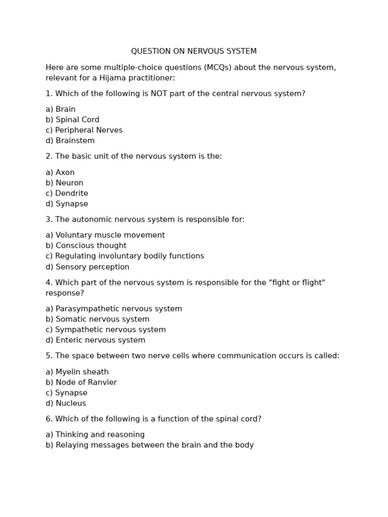 Question On Nervous System | PDF | Nervous System | Neuron