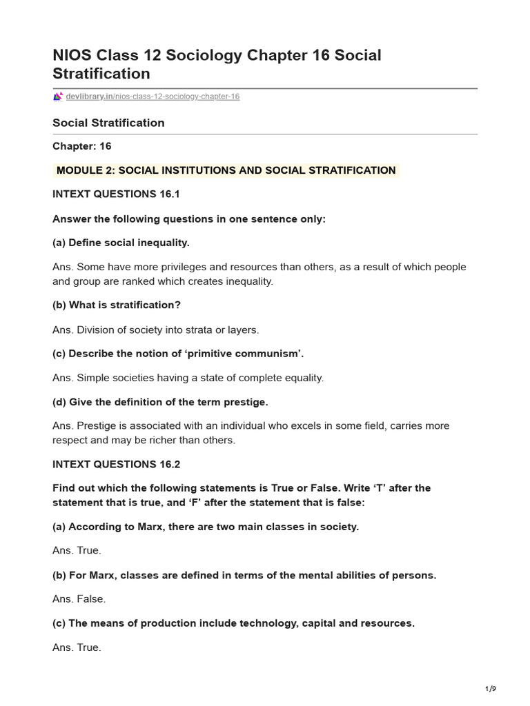 NIOS Class 12 Sociology Chapter 16 Social Stratification | PDF | Social ...