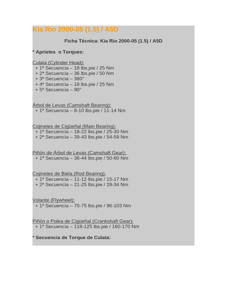 Torque y Especificaciones Kia Rio 2000-05 | PDF