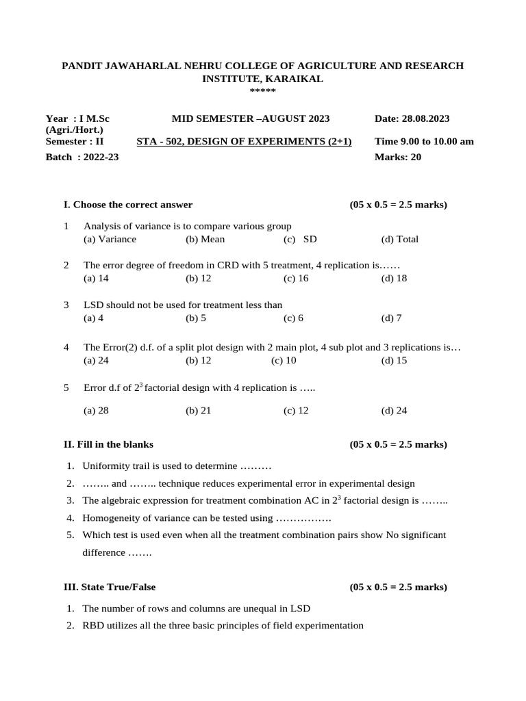 STA 502 - DOE - Midsem - Batch 2022-23 | PDF | Analysis Of Variance ...