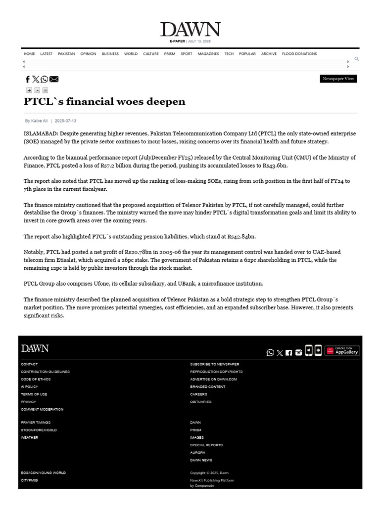 PTCL's Financial Woes Deepen PDF Business Economies