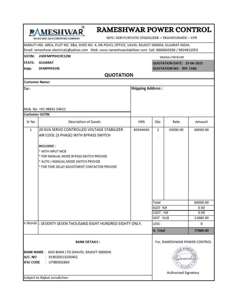 20 KVA Servo Stabilizer Quotation | PDF | Power Supply | Electric Power
