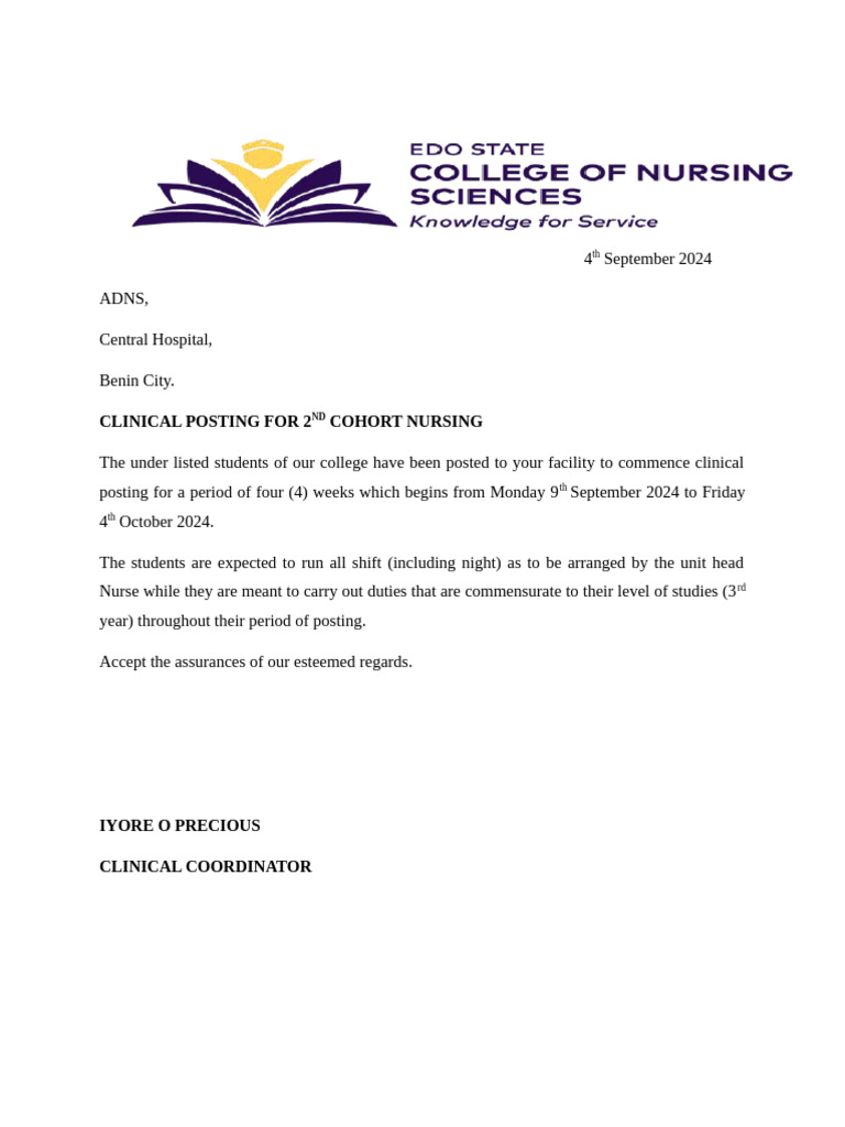 Nursing Students Ward Roster 2024 | PDF | Health Care | Medicine