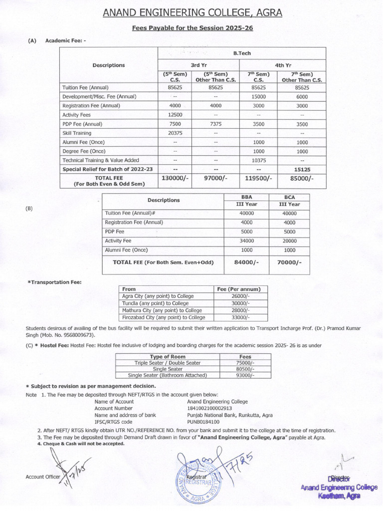 AEC Fee Structure For The Academic Session 2025-26 (Third Year & Final ...