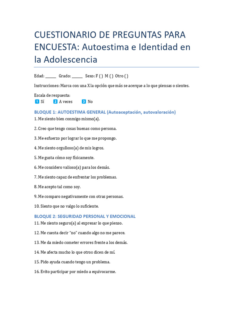 Cuestionario de Autoestima Adolescente | PDF | Autoestima | Ciencias ...