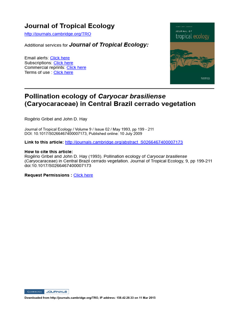 Pollination Ecology of Caryocar Brasiliense (Caryocaraceae) in Central ...