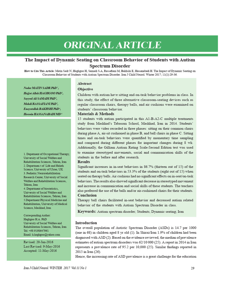Dynamic Seating Effects on Autism Behavior | PDF | Autism | Behavioural ...