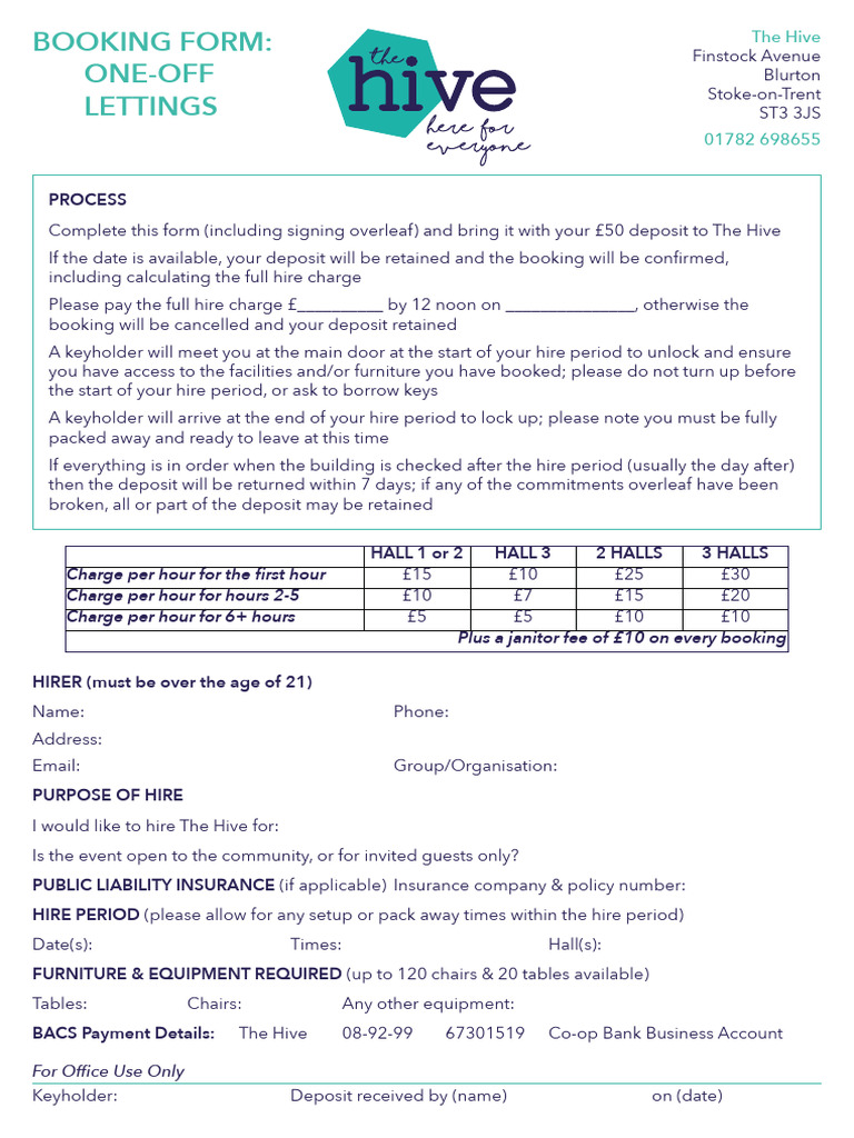 The Hive Booking Form and Guidelines | PDF | Insurance
