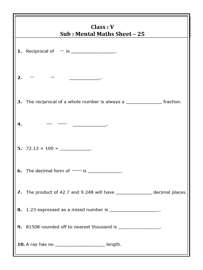 Mental Maths Worksheet for Class 5 | PDF