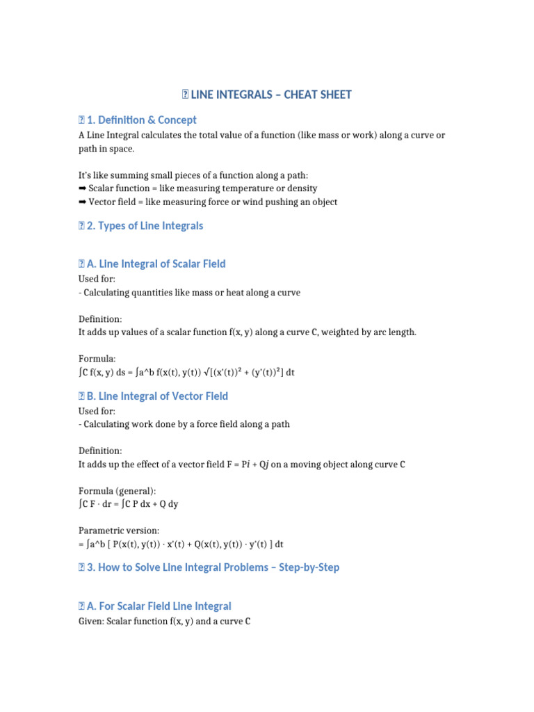 Line Integrals Cheat Sheet | PDF