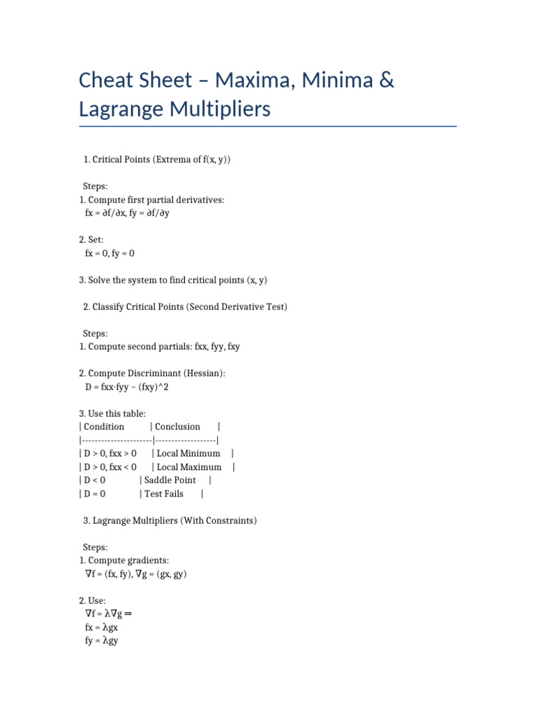 Maxima Minima Lagrange CheatSheet | PDF
