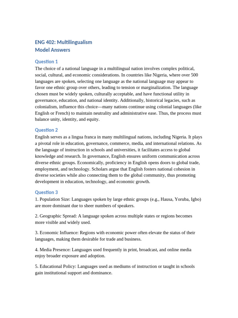 ENG402 Multilingualism Model Answers | PDF | Multilingualism | English ...