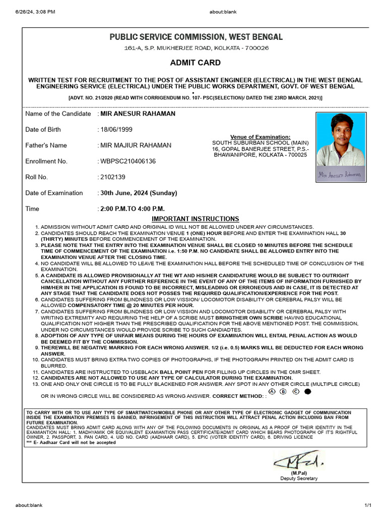 Admit Card for Assistant Engineer Exam | PDF