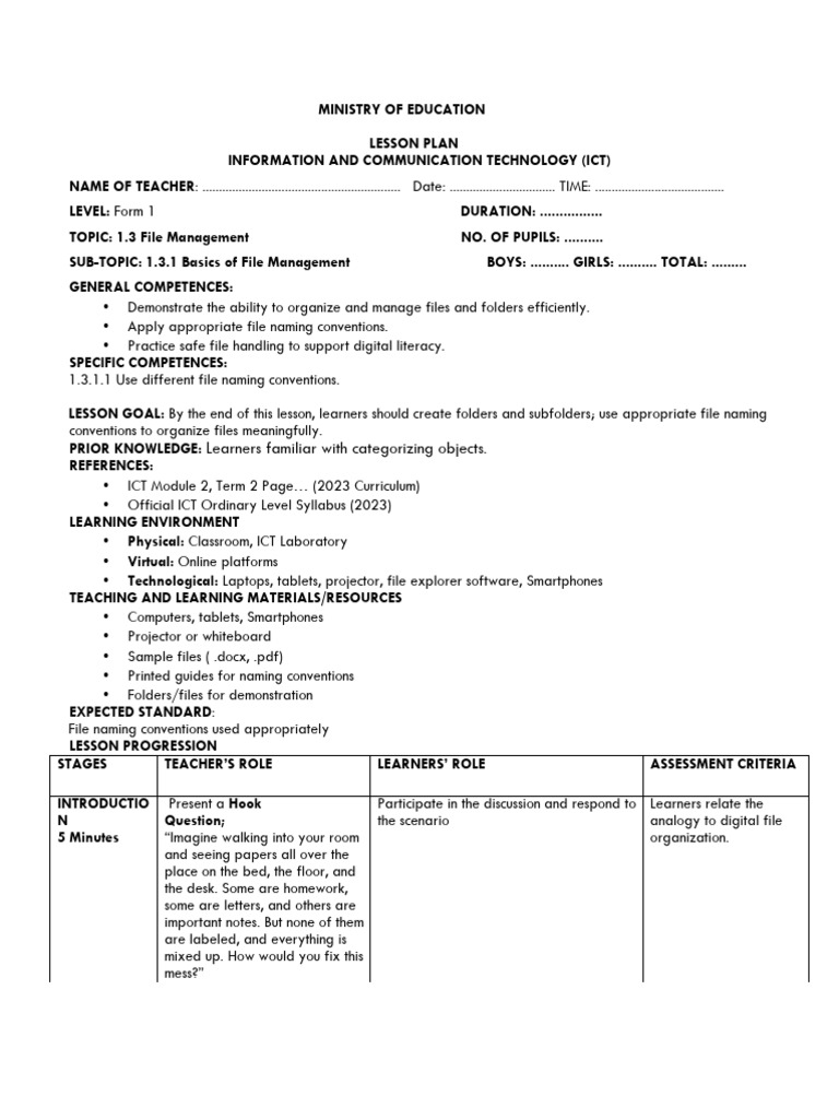 File Management Lesson Plan for ICT | PDF | Computer File | Educational ...