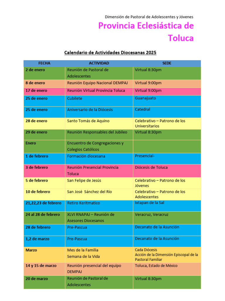 Actividades Diocesanas 2025: Pastoral Juvenil | PDF | Iglesia Católica ...