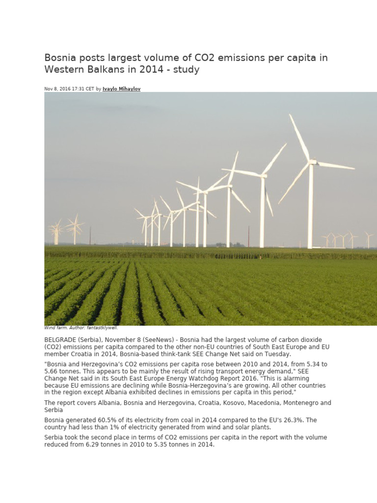 Bosnia Posts Largest Volume of CO2 Emissions Per Capita in Western ...