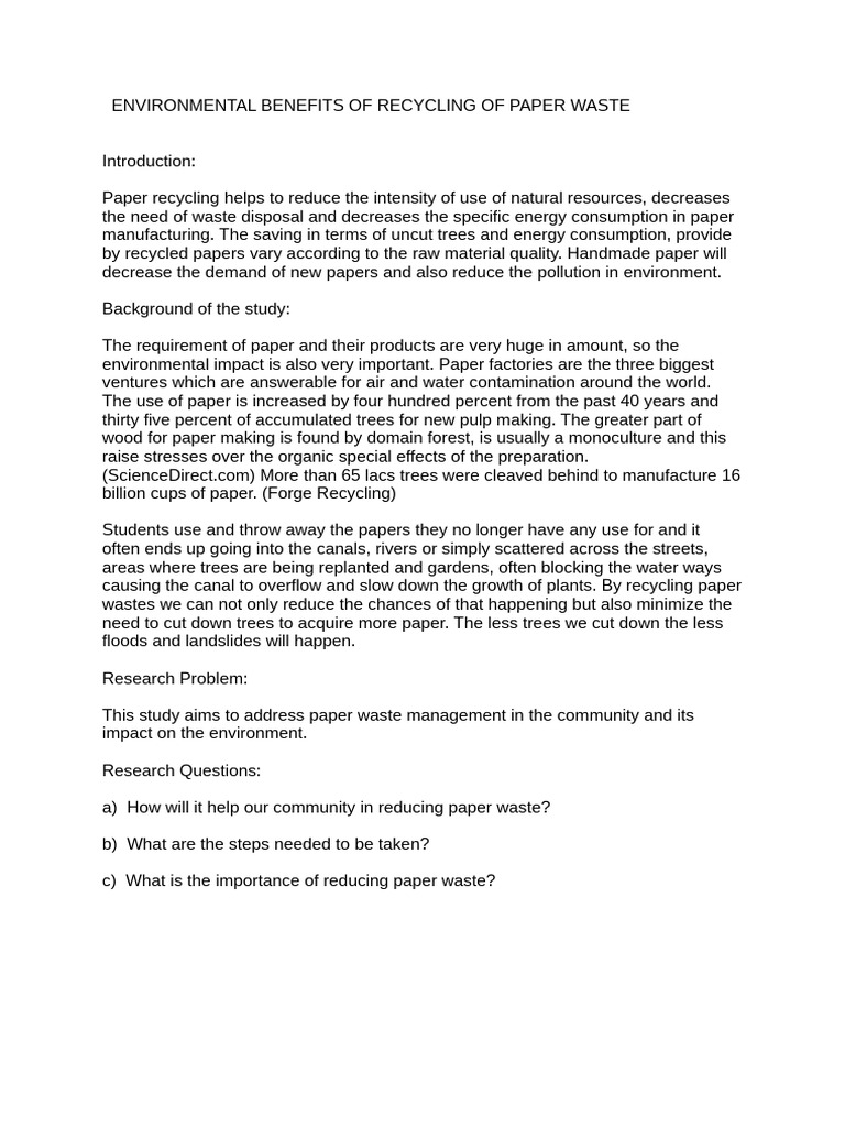 Environmental Benefits of Recycling of Paper Waste | PDF | Recycling ...